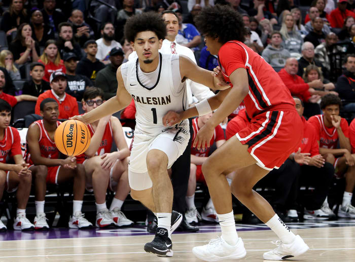 Salesian's Alvin Loving (1) guarded by Trent Perry.